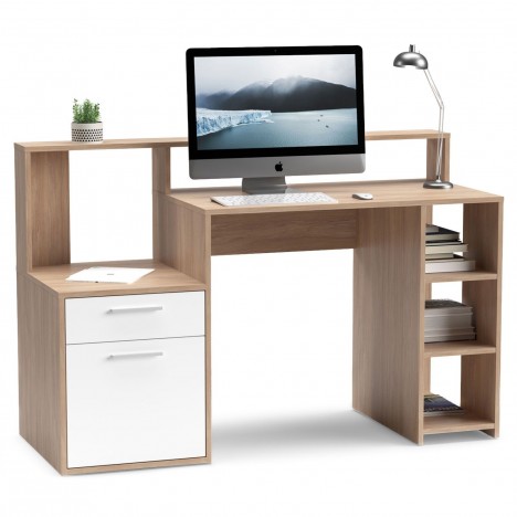 Bureau avec étagères, porte et tiroir L138,5cm bois clair et blanc Pacolo - 