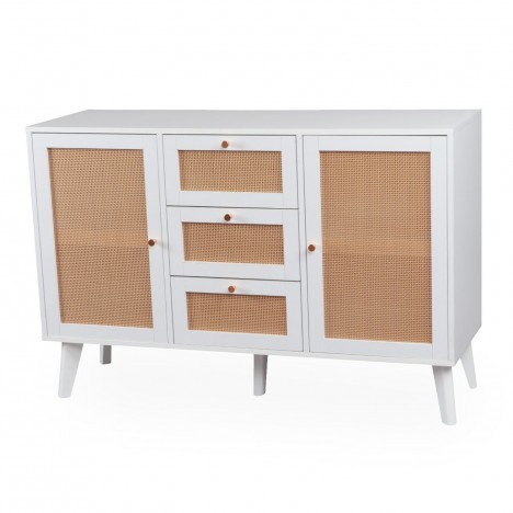 Buffet 3 tiroirs et 2 portes avec cannage L120cm blanc Dalgora - 