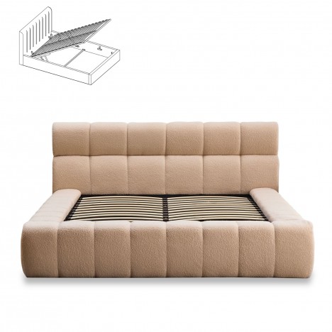 Lit-coffre avec rebords matelassés 140x190cm tissu Bouclette beige Challow - 