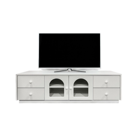 Meuble tv 140cm avec portes et tiroirs style naturel chic blanc texturé Volos - 