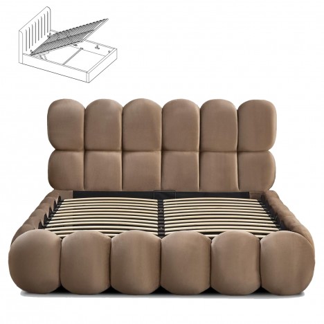 Lit-coffre design boule avec sommier relevable 140x190cm velours taupe Bilbola - 