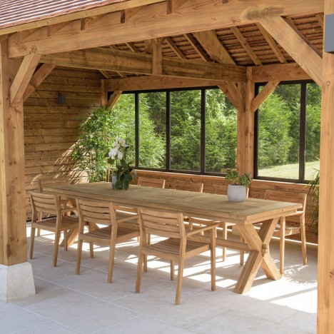 Mobilier de jardin avec table 320cm et 8 fauteuils en teck massif KODY