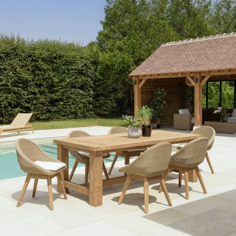 Pack mobilier de jardin table en teck et 6 fauteuils en rotin KODY