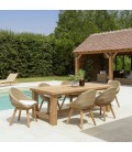 Pack mobilier de jardin table en teck et 6 fauteuils en rotin KODY