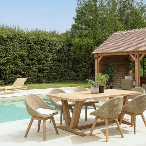 Lot mobilier de jardin table et 6 chaises en rotin et teck massif KODY