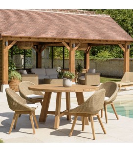 Table de jardin ronde en teck et 4 chaises rotin et bois massif KODY