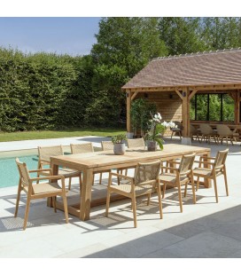 Salon repas jardin grande table bois teck 310cm et 8 fauteuils VOLANTIS