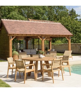 Grande table ronde de jardin en bois massif de teck et 6 fauteuils assortis VOLANTIS