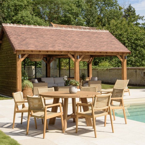 Grend table ronde de jardin en bois massif de teck et 6 fauteuils assortis VOLANTIS