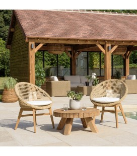 Salon de jardin pour couple table basse ronde et 2 fauteuils teck et rotin VOLANTIS