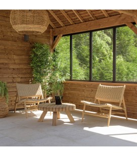 Salon de jardin 2 fauteuils lounge et table basse ronde en teck massif VOLANTIS