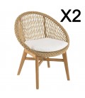 Salon de jardin pour couple table basse ronde et 2 fauteuils teck et rotin VOLANTIS