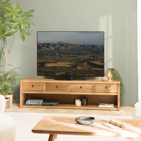 Grand meuble TV 200cm en bois massif 4 tiroirs et niche BASTILA