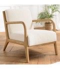 Fauteuil bas en tissu bouclette écru avec accoudoirs en bois VITORIO