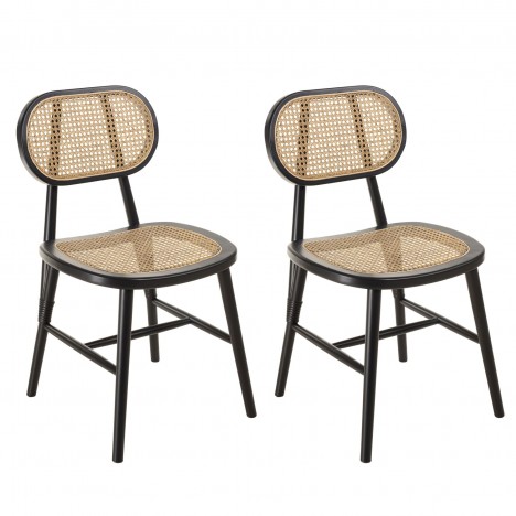 Lot de 2 chaises modernes en rotin naturel avec pieds bois noir VITORIO