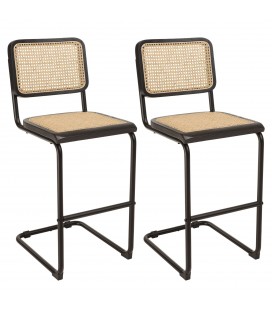 Lot de 2 tabourets d'ilot design en bois noir et rotin tressé pieds métal VITORIO