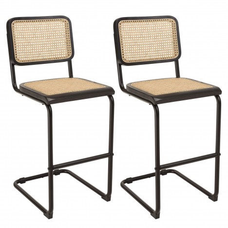 Lot de 2 tabourets dilot design en bois noir et rotin tressé pieds métal VITORIO