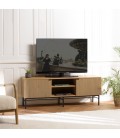 Meuble TV design en bois rainuré noir et naturel 2 portes 2 niches ESSENCIA