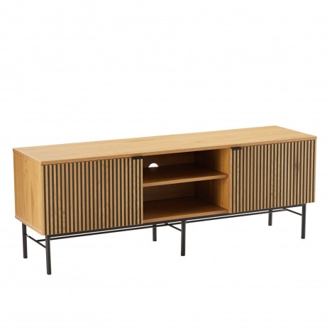 Meuble TV design en bois rainuré noir et naturel 2 portes 2 niches ESSENCIA