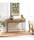 Console 2 tiroirs 120cm décor bois rainuré pieds noirs ESSENCIA