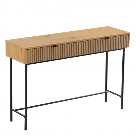 Console 2 tiroirs 120cm décor bois rainuré pieds noirs ESSENCIA