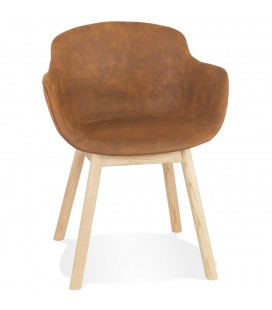 Chaise avec accoudoirs RUPERT en microfibre brune et pieds en bois naturel