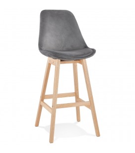 Tabouret de bar MORISS en velours gris et pieds en bois naturel