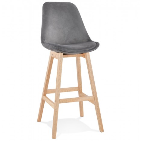 Tabouret de bar MORISS en velours gris et pieds en bois naturel - 