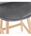 Tabouret de bar MORISS en velours gris et pieds en bois naturel - 