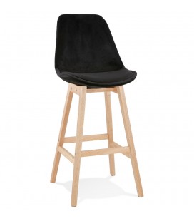 Tabouret de bar MORISS en velours noir et pieds en bois naturel