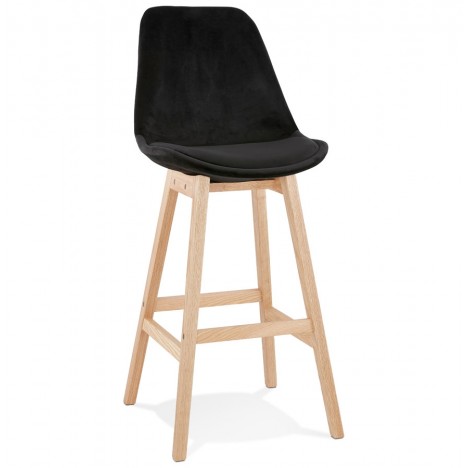 Tabouret de bar MORISS en velours noir et pieds en bois naturel - 