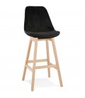 Tabouret de bar MORISS en velours noir et pieds en bois naturel - 