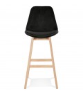 Tabouret de bar MORISS en velours noir et pieds en bois naturel - 