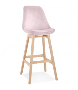 Tabouret de bar MORISS en velours rose et pieds en bois naturel