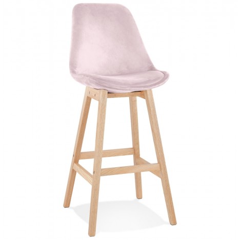 Tabouret de bar MORISS en velours rose et pieds en bois naturel - 