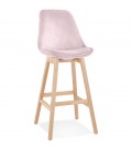 Tabouret de bar MORISS en velours rose et pieds en bois naturel - 