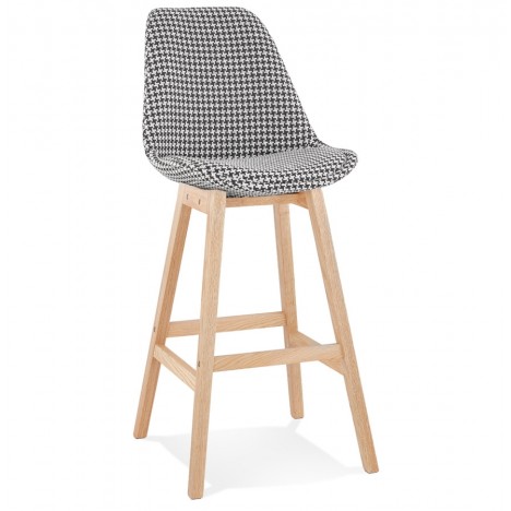 Tabouret de bar MORISS en tissu pied de poule et pieds en bois naturel - 