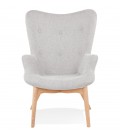 Fauteuil à oreille ROBY en tissu gris et pieds en bois - 