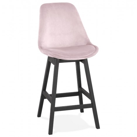 Tabouret snack mi-hauteur MORISS MINI en velours rose et pieds en bois noir - 