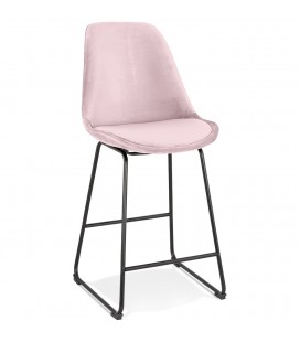 Tabouret snack mi-hauteur BULLY MINI en velours rose et pieds en métal noir