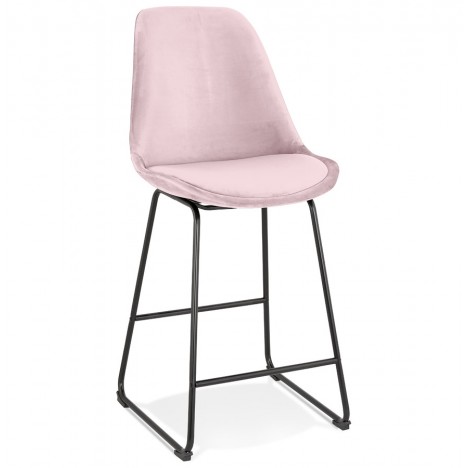 Tabouret snack mi-hauteur BULLY MINI en velours rose et pieds en métal noir - 