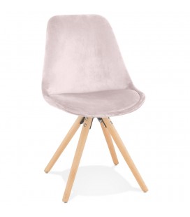 Chaise vintage RICKY en velours rose et pieds en bois naturel