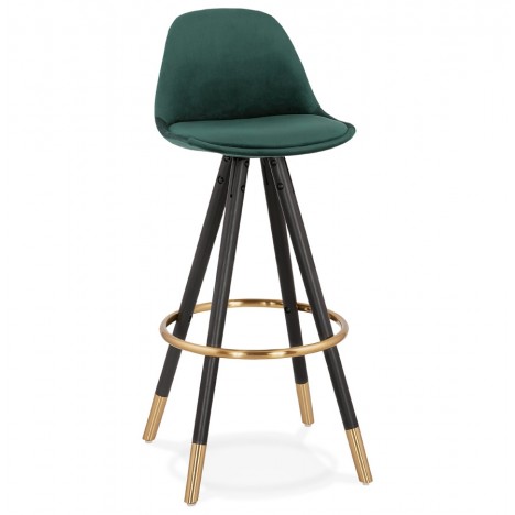 Tabouret de bar design CHICAGO en velours vert et 4 pieds en bois noir - 