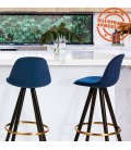 Tabouret de bar design CHICAGO en velours vert et 4 pieds en bois noir - 