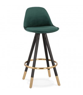 Tabouret snack mi-hauteur design CHICAGO MINI en velours vert et 4 pieds en bois noir