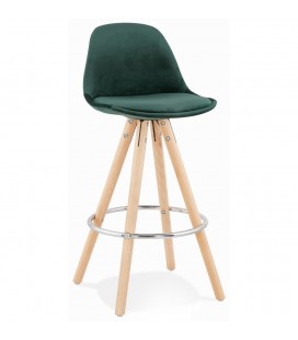 Tabouret snack mi-hauteur SPIRIT MINI en velours vert et pieds en bois naturel