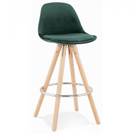 Tabouret snack mi-hauteur SPIRIT MINI en velours vert et pieds en bois naturel - 