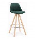 Tabouret snack mi-hauteur SPIRIT MINI en velours vert et pieds en bois naturel - 