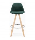 Tabouret snack mi-hauteur SPIRIT MINI en velours vert et pieds en bois naturel - 