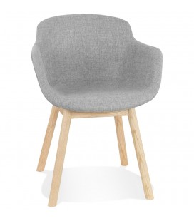 Chaise avec accoudoirs LAMBIC en tissu gris clair et pieds en bois naturel